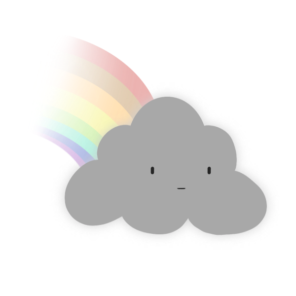 A digital drawing of a small gray cloud with a facebearing a neutral expression and a rainbow emerging from behind